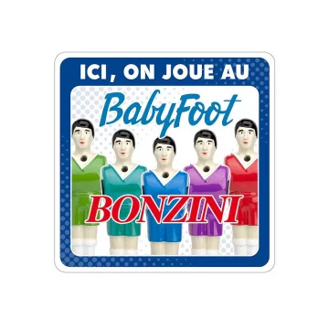 “ici, on joue au babyfoot Bonzini” sticker - five multi-coloured players – 20 x 20 cm