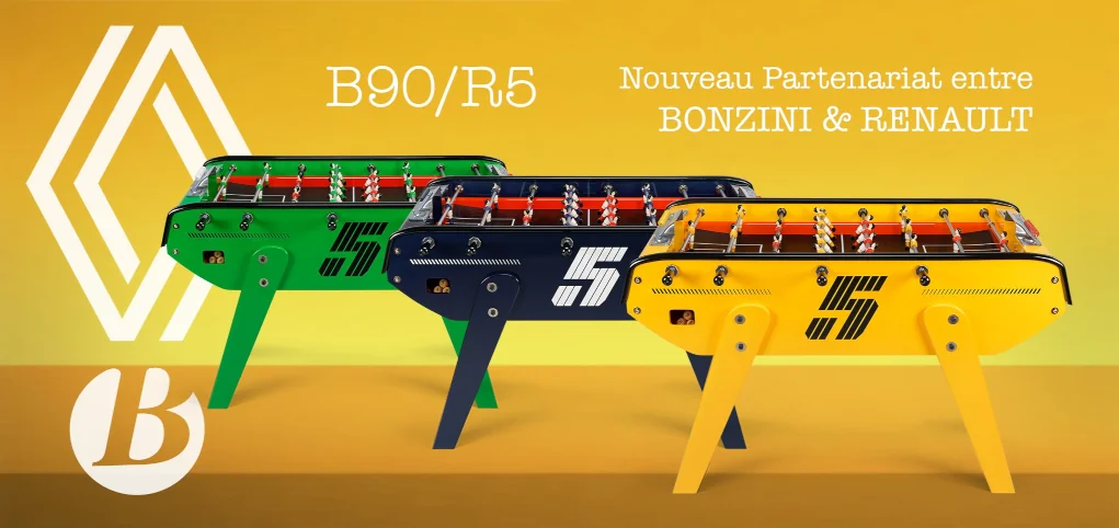 Renault et Bonzini s'associent pour créer des babyfoots B90/R5 personnalisés aux couleurs exclusives de la nouvelle Renault 5 E-Tech. 