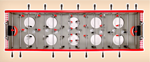 players in the shape of cutlery and tongue for the table football of the cité des sciences et de l'industrie